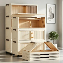 5-tier foldable stackable plastic storage cabinet, no assembly needed, with magnetic vertical transparent double doors and brown handles, foldable rolling storage box, 58cm wide, with universal wheels, perfect for organizing