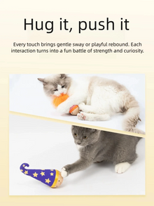 Cat Tumbler Toy with Natural Beech Base – Turkey Feather & Catnip Interactive Play, Self-Righting Design