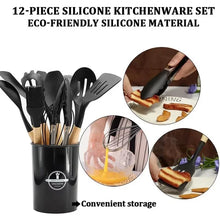 12Pcs Kitchen Utensil Set Silicone Spatula Set Wooden Handle Cooking Tools Kit with Holder Heat-Resistant Cookware for Kitchen