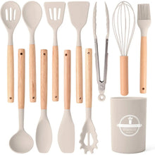 12Pcs Kitchen Utensil Set Silicone Spatula Set Wooden Handle Cooking Tools Kit with Holder Heat-Resistant Cookware for Kitchen