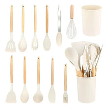 12Pcs Kitchen Utensil Set Silicone Spatula Set Wooden Handle Cooking Tools Kit with Holder Heat-Resistant Cookware for Kitchen