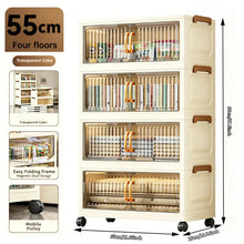 5-tier foldable stackable plastic storage cabinet, no assembly needed, with magnetic vertical transparent double doors and brown handles, foldable rolling storage box, 58cm wide, with universal wheels, perfect for organizing