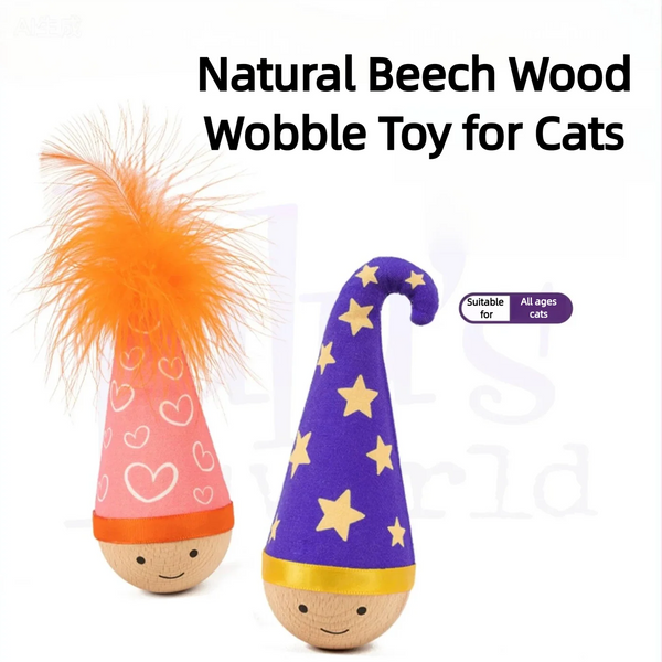 Juguete tipo tentetieso para gatos con base de madera de haya natural: juego interactivo con pluma de pavo y hierba gatera, diseño autoequilibrable