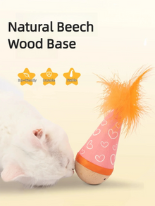 Cat Tumbler Toy with Natural Beech Base – Turkey Feather & Catnip Interactive Play, Self-Righting Design