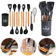12Pcs Kitchen Utensil Set Silicone Spatula Set Wooden Handle Cooking Tools Kit with Holder Heat-Resistant Cookware for Kitchen