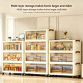 5-tier foldable stackable plastic storage cabinet, no assembly needed, with magnetic vertical transparent double doors and brown handles, foldable rolling storage box, 58cm wide, with universal wheels, perfect for organizing