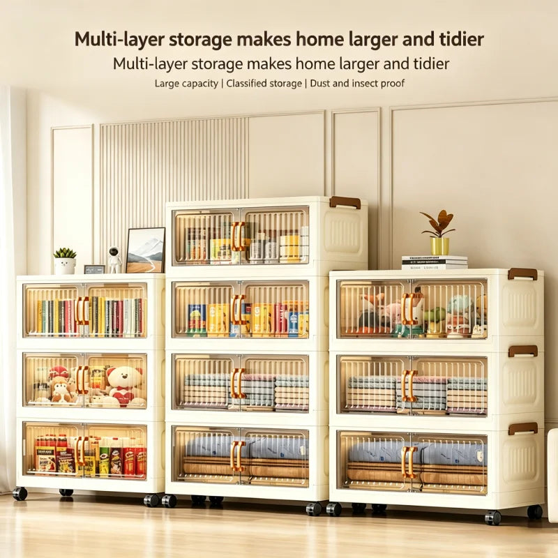 5-tier foldable stackable plastic storage cabinet, no assembly needed, with magnetic vertical transparent double doors and brown handles, foldable rolling storage box, 58cm wide, with universal wheels, perfect for organizing