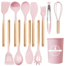 12Pcs Kitchen Utensil Set Silicone Spatula Set Wooden Handle Cooking Tools Kit with Holder Heat-Resistant Cookware for Kitchen