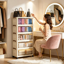 5-tier foldable stackable plastic storage cabinet, no assembly needed, with magnetic vertical transparent double doors and brown handles, foldable rolling storage box, 58cm wide, with universal wheels, perfect for organizing