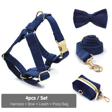 Deep Blue Velvet Personalized Dog Harness Luxury Designer Dog Collar Leash Set Bow Pet Collar with Walking Lead Pet Accessories