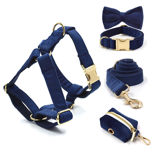 Deep Blue Velvet Personalized Dog Harness Luxury Designer Dog Collar Leash Set Bow Pet Collar with Walking Lead Pet Accessories