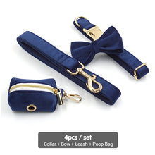 Deep Blue Velvet Personalized Dog Harness Luxury Designer Dog Collar Leash Set Bow Pet Collar with Walking Lead Pet Accessories