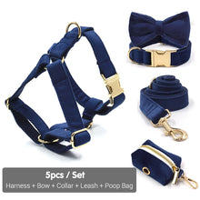 Deep Blue Velvet Personalized Dog Harness Luxury Designer Dog Collar Leash Set Bow Pet Collar with Walking Lead Pet Accessories