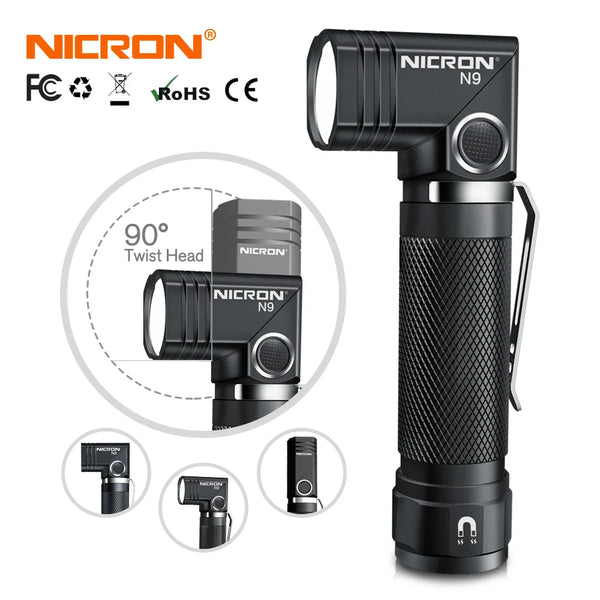 Linterna táctica LED NICRON N9 giratoria de 90 grados, 1000 lúmenes, alta potencia, resistente al agua IP65, linterna mini con imán para exteriores