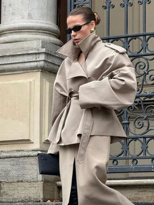 Women Casual Solid Lace Up Short Trench Coat Chic Long Sleeve Wide Shoulder Loose Windbreaker 2026 Spring Lady Street Outerwear