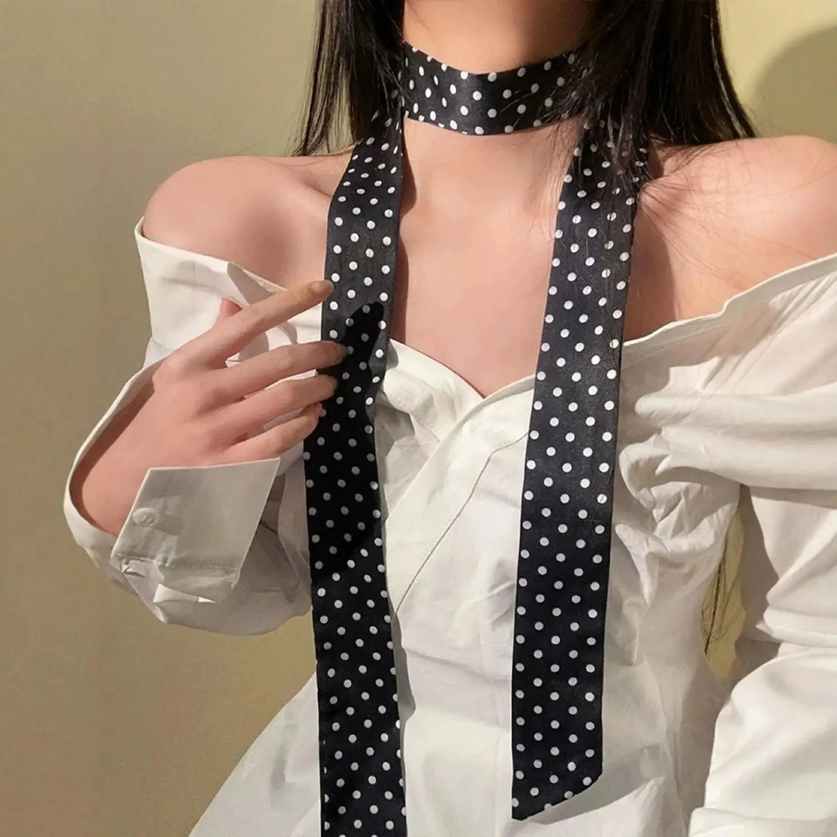 140*4cm Polka Dot Chokers Neck Scarves for Women Black White Narrow Long Ribbon Neck Chain Adjustable Knot Lady Accessories K