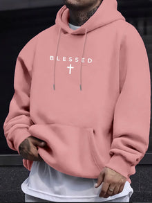 A men's casual hooded sweater with blessing cross design and geometric patterns in a regular fit suitable for spring and autumn
