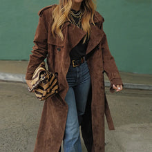 Women's Vintage Brown Suede Trench Coat Long Belted Overcoat Retro Windbreaker Fashion Female Date Commuter Streetwear Outerwear