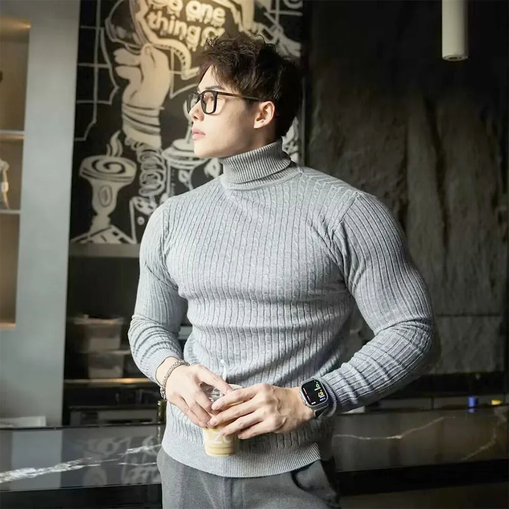 Nuevos suéteres de cuello alto para hombre, de punto a rayas, estilo urbano, abrigados, de manga larga, color sólido, estilo básico, tops casuales
