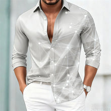 Men's trendy geometric line print long-sleeved shirt. Fashionable slim black technology-style shirt. Popular men's shirt.