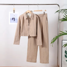 Conjunto de pantalón casual para mujer de algodón y lino, top corto con solapa y cremallera, pantalón recto, conjunto de traje liso para mujer, moda urbana primavera 2026
