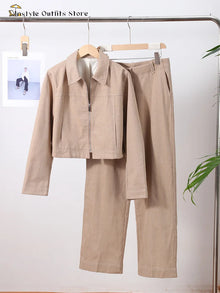 Conjunto de pantalón casual para mujer de algodón y lino, top corto con solapa y cremallera, pantalón recto, conjunto de traje liso para mujer, moda urbana primavera 2026