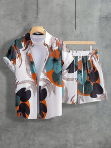 New Coconut Tree Print Men's Set Loose-Fit Hawaiian Short-Sleeve Shirt & Shorts Two-Piece Set Men Premium Fashion Streetwear Set