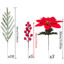 Christmas Decorations DIY 18PCS Artificial Pine Needles Red Berry Poinsettia Flowers for Winter Festival Home Party Wreath Decor