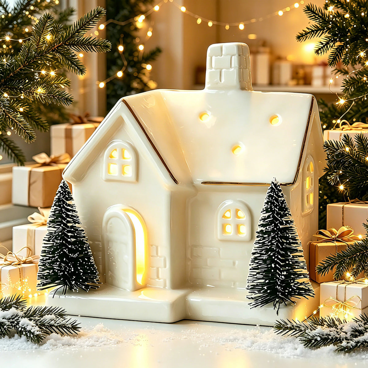 Christmas Tree House Creative Ceramic Ornaments Luminous Snow House Snow House Scene Arrangement Tabletop Small Ornaments