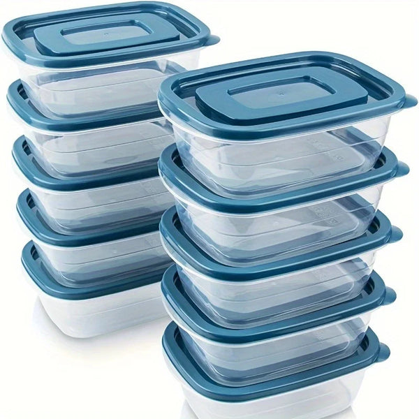 Juego de 6 recipientes de plástico transparente apilables para almacenamiento de alimentos con tapas azules y marcas de medición: reutilizables, aptos para lavavajillas