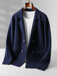 Suéter de 100% lana merino para hombre, cárdigan con cuello de traje, prenda de punto elegante informal, abrigo de cachemira liso para otoño e invierno, ropa con bolsillos