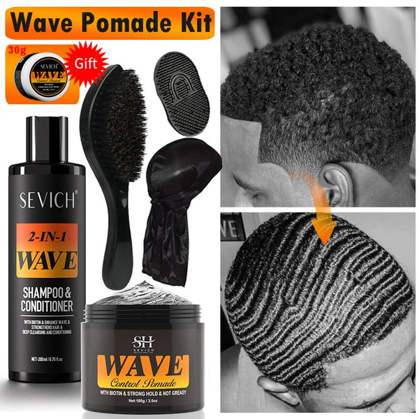 Pomada de control de ondas con biotina de 3.53 oz para hombres Sevich Sport, gel para cabello ondulado de fijación fuerte con cepillo, aceite, champú y acondicionador para cabello ondulado