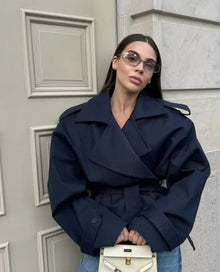 Women Casual Solid Lace Up Short Trench Coat Chic Long Sleeve Wide Shoulder Loose Windbreaker 2026 Spring Lady Street Outerwear