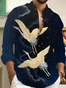 Men's Casual Multifunctional Fashion Street Men's Shirt Lapel Long Sleeve Top Men's Bird Long Sleeve Shirt