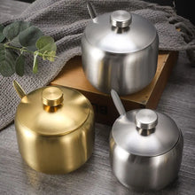 Useful Stainless Steel Sugar Bowl Gold Silver Large Capacity Seasoning Pot with Spoon Lid Durable Storage Jar Home