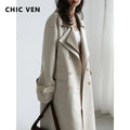 CHIC VEN Women Trench Coat Solid Loose Contrast Double Collar Double Breasted Long Female Windbreaker Office Lady Spring Autumn