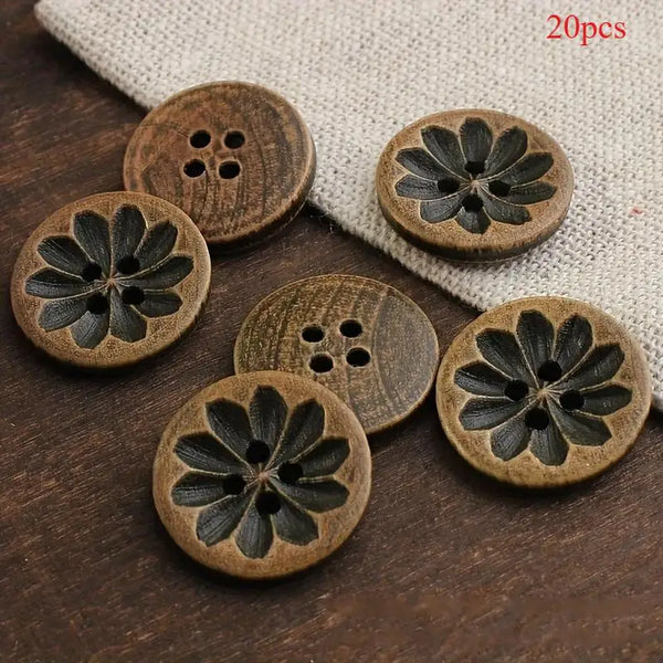 20 botones de madera de 18 mm, color marrón oscuro, estilo vintage con tallados intrincados; ideales para camisas, cárdigans, suéteres y blazers de manualidades.