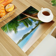 Beach Landscape Coconut Trees Print Linen Dining Table Mats Alphabet Kitchen Placemat 30X40cm Coasters Pads Bowl Cup Mat