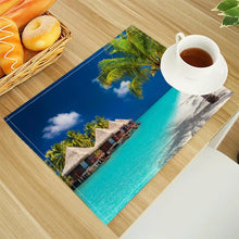 Beach Landscape Coconut Trees Print Linen Dining Table Mats Alphabet Kitchen Placemat 30X40cm Coasters Pads Bowl Cup Mat