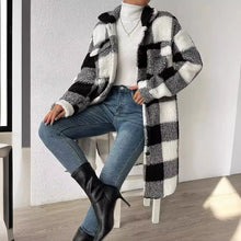 Women Long Plaid Fleece Sweatshirt Coat Autumn Winter Turn Down Collar Long Sleeve Pocket Button Loose Flurry X-Long Trench Coat