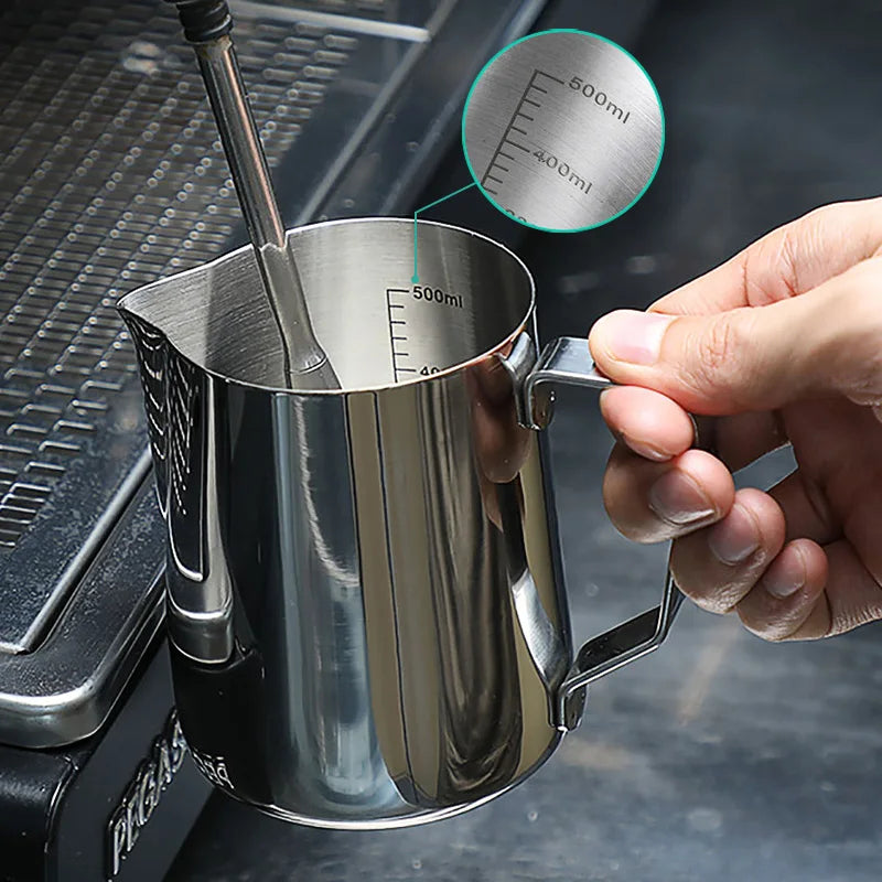 Jarra para espumar leche, jarra para arte latte, jarra medidora de acero inoxidable, herramienta de barista para espresso, accesorios de café
