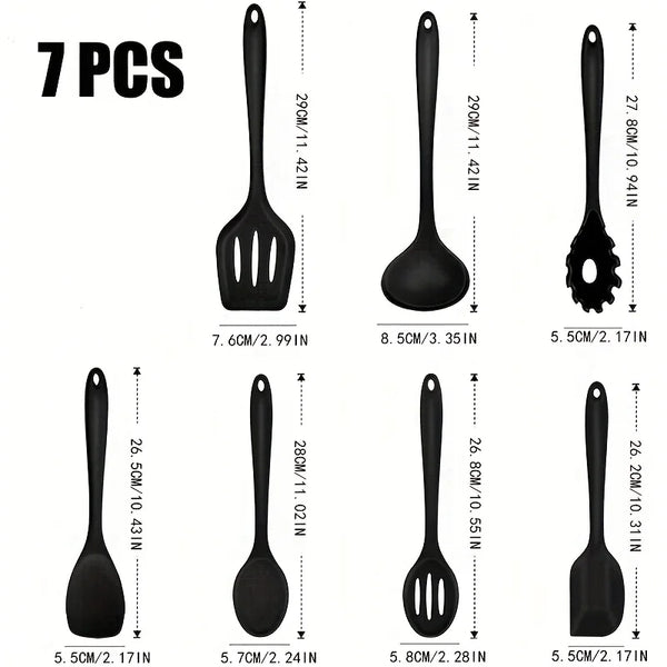 1 / Juego de 7 utensilios de cocina de silicona - Espátula antiadherente, cuchara, espumadera, pinza para pasta y más para cocinar y hornear