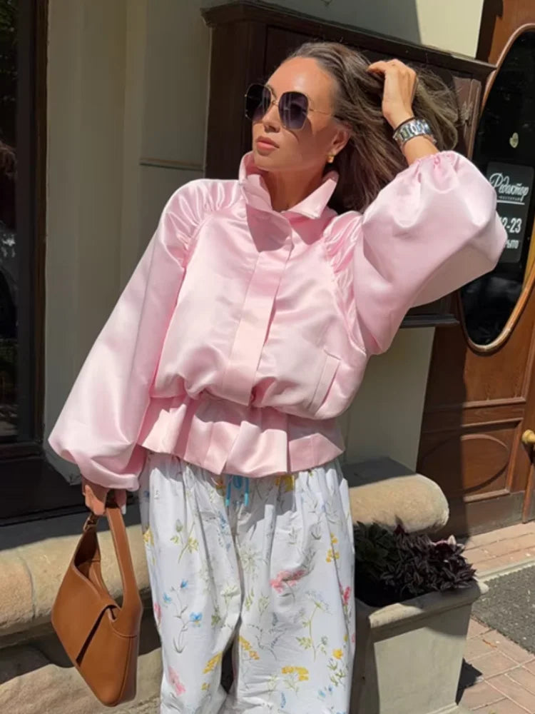 Shiny Fabric Jacket High Stand Collar Oversized Puff Sleeve Drawstring Cropped Hem 2026 Autumn Fashion Daily Lady Sweet Jacket