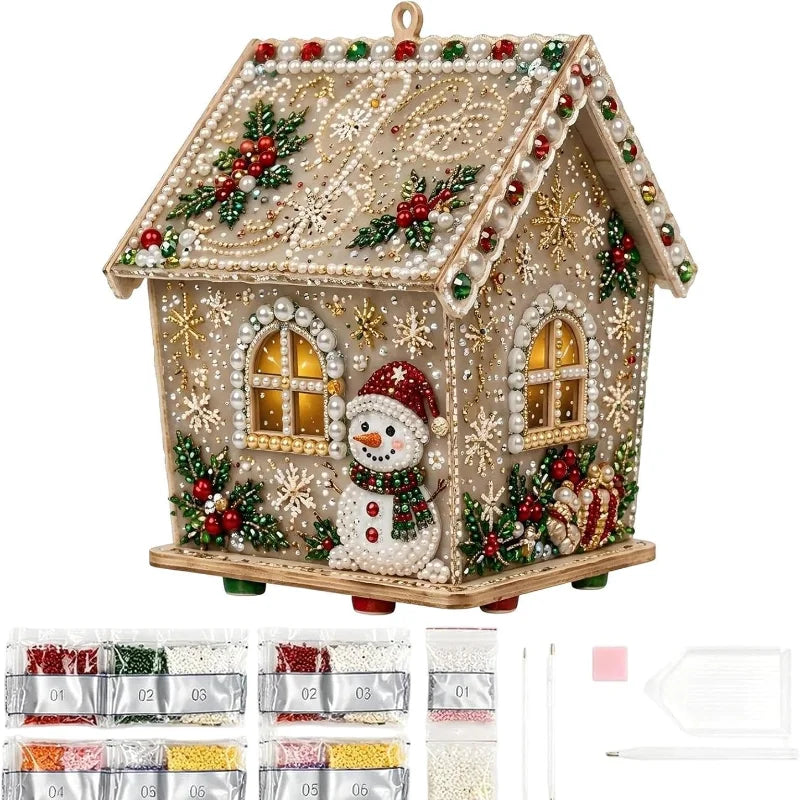 Christmas DIY Pearl Art Craft Kit Wooden Gingerbread House Shape Diamond Bead Painting Ornament  Xmas DIY Handcraft Kit Decor