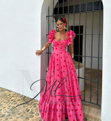 Vestido de fiesta largo con estampado ML, escote corazón, corte en A, mangas cortas abullonadas, vestido de noche para mujer, hecho a medida