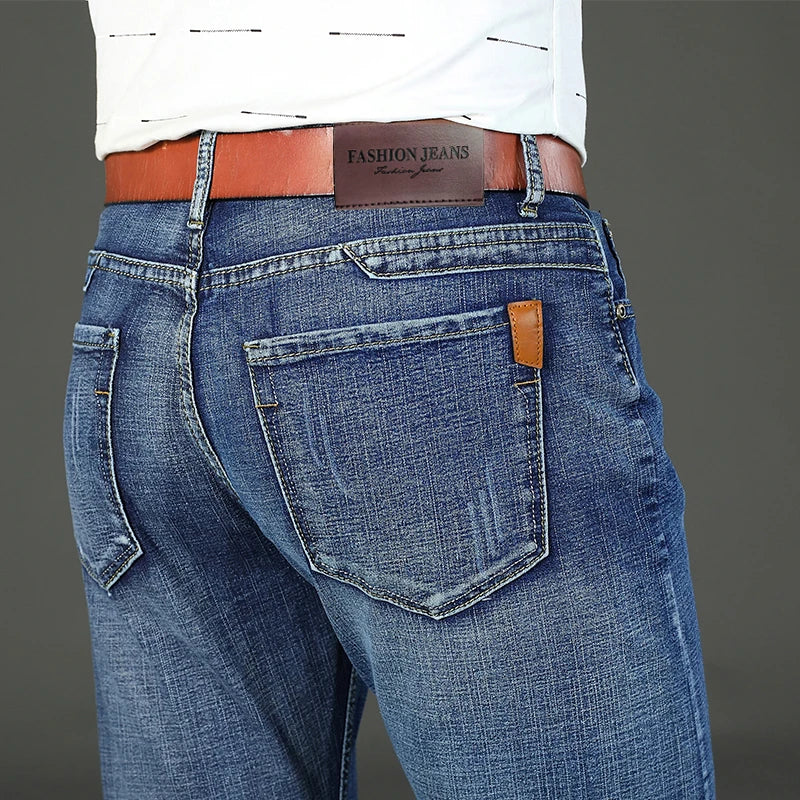 Pantalones vaqueros clásicos para hombre, colección primavera-otoño 2026, estilo casual de negocios, corte recto, mezclilla elástica azul, pantalones elegantes para hombre