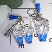 Llaveros creativos de resina de 26 letras con borla, accesorios de moda con iniciales, lentejuelas, color azul y plateado, colgante para bolso