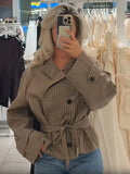 Trendy Plaid Cropped Trench Coat Women Chic Lapel Double Breasted Belted Waist Tie Long Sleeve Jacket Fall Windbreaker Outerwear