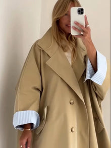 Women 2026 Khaki Long Color-Block Stripe Trench Coat Wide Lapel Loose Drop Shoulder Blue Lining Slit  Coat Commute Outing wear