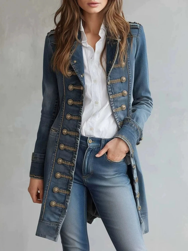Vintage Women Double Breasted Denim Trench Coat Lapel Collar Long Sleeve Mid Length Slim Fit Elegant Retro Jean Outerwear Jacket